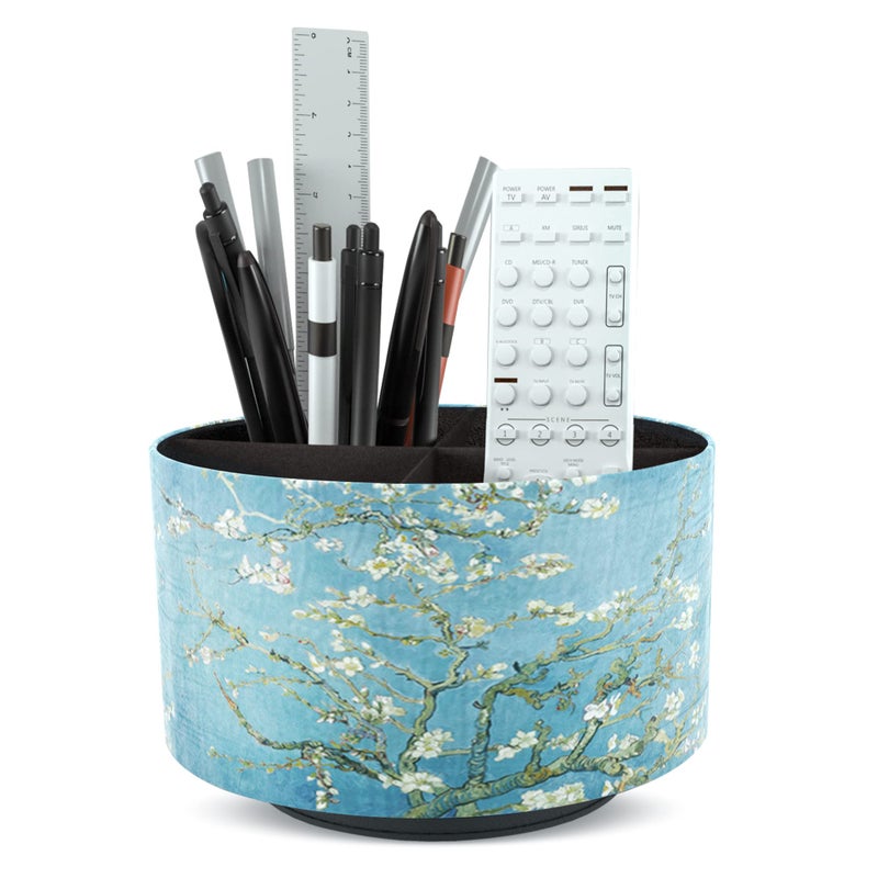 Hennaja Round Leather Art Supply Organizer Remote Control Holder 360 Degree Rotating Multi-Functional Pencil Holder 4 Compartments Desktop Stationary Organizer(1-Peach Blossom) - Image 1